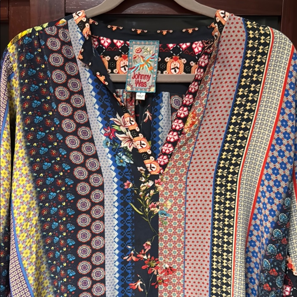 Johnny Was Garden Astrid Colorful silk Striped Floral Blouse